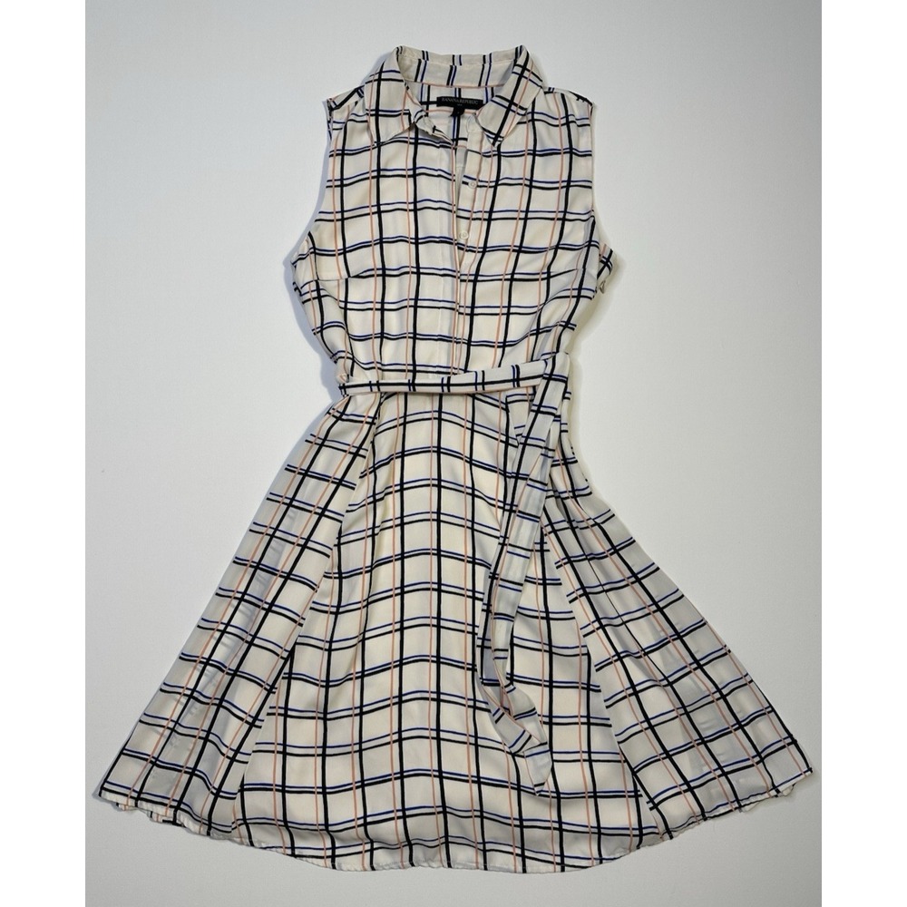 Women Banana Republic Sleeveless Tie Waist Plaid Dress Lined Blue Pink Black sz4
